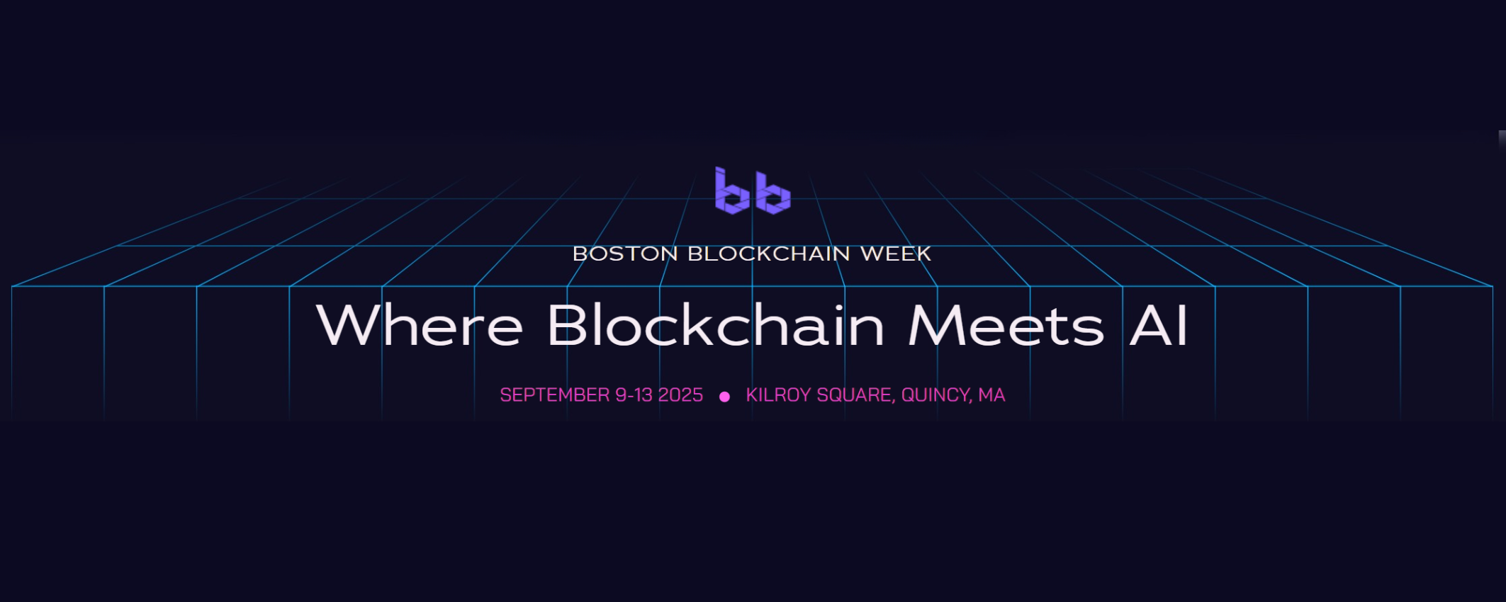 boston blockchain week header with blue grid and logo