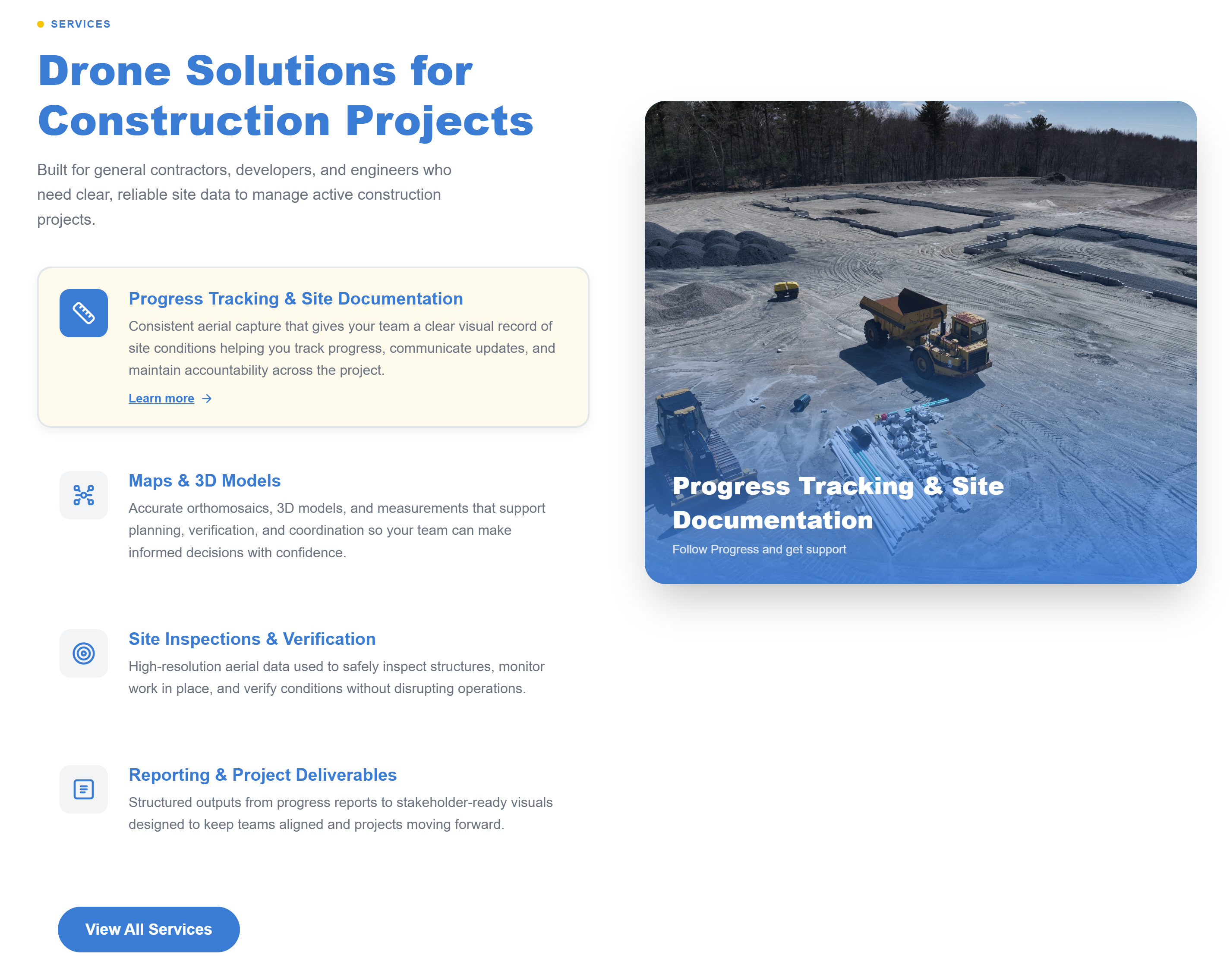 screenshot of Bay State Drones construction solutions services page