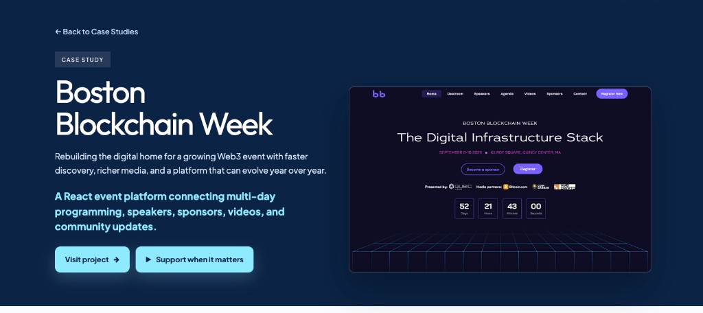 Boston Blockchain Week case study detail hero with Visit project and video button