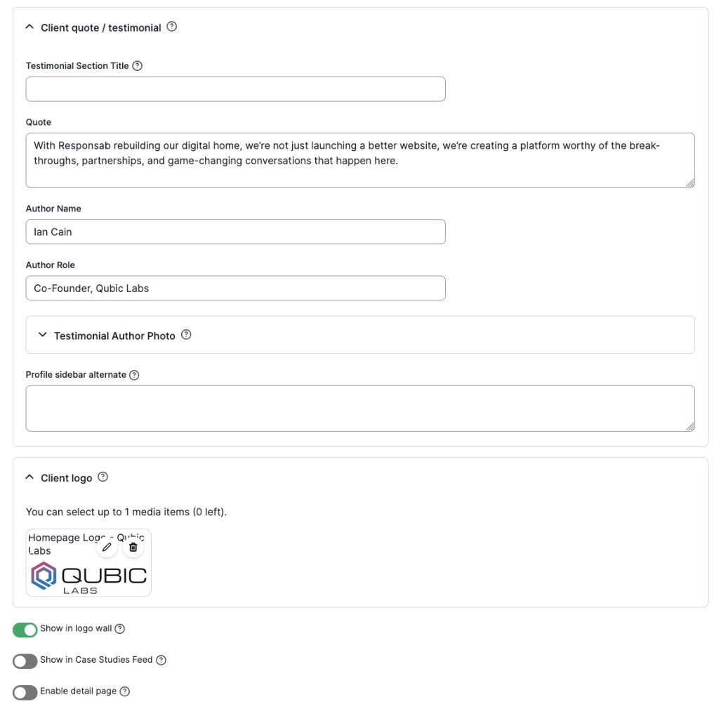 Case Study edit form with quote fields and Show in logo wall toggle