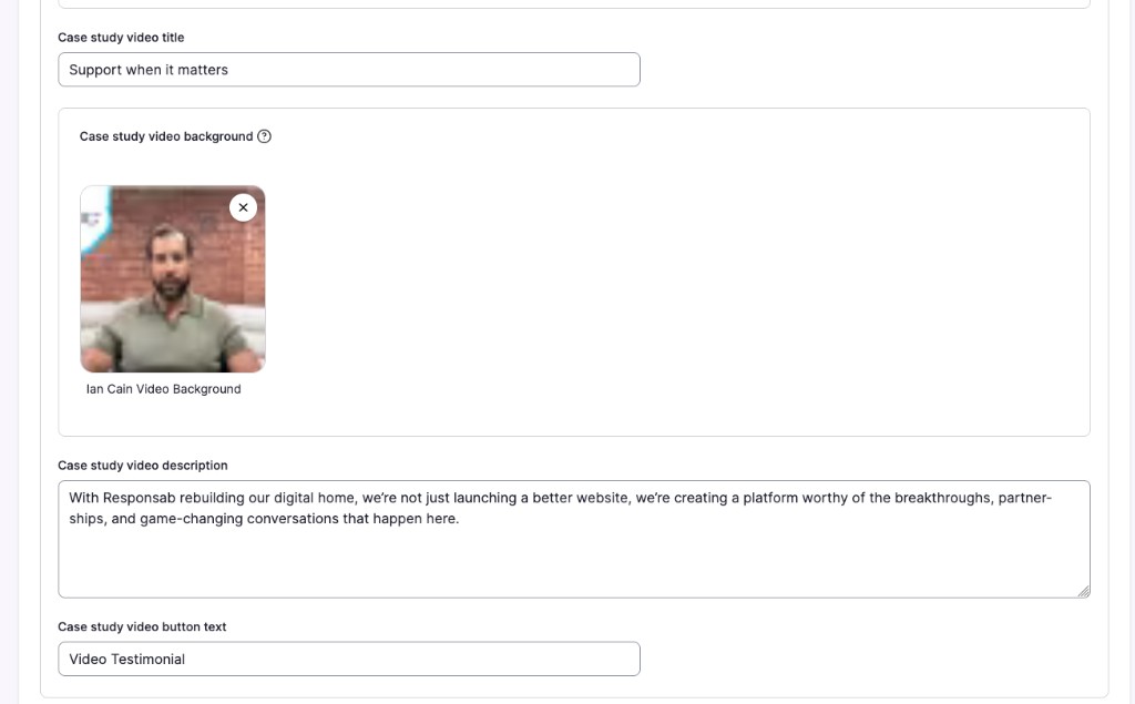 Case Study video fields for title, background, description, and button text
