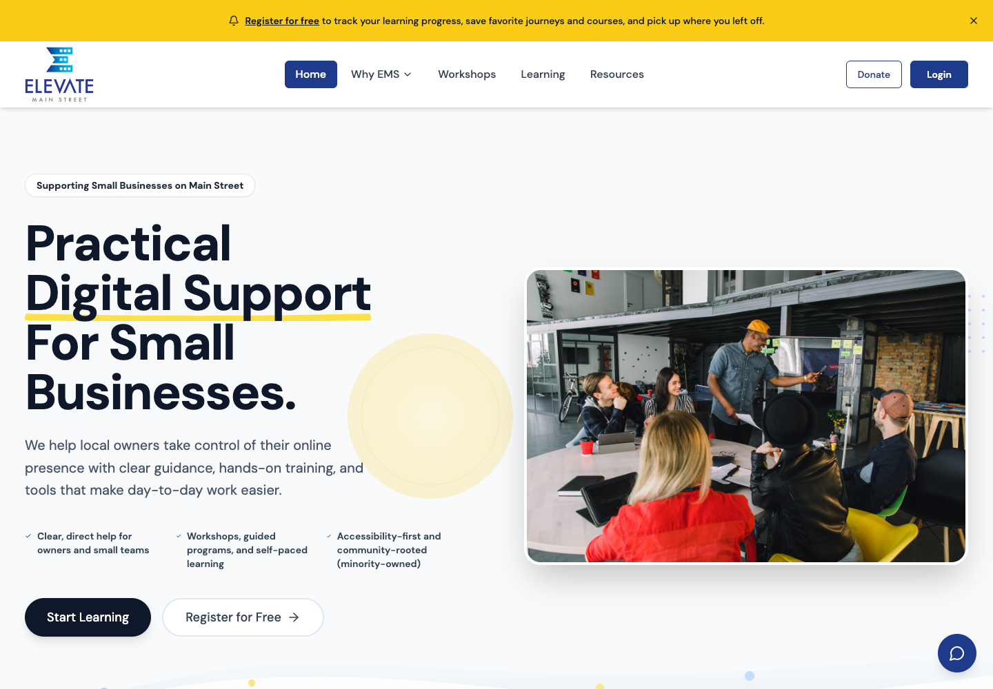 Elevate Main Street nonprofit homepage for practical digital support