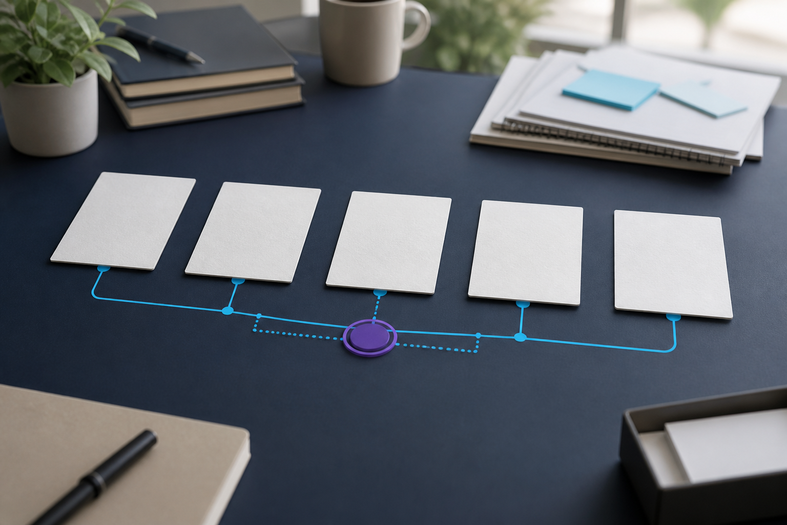 Navy operations board with five modular workflow stations linked by cyan pathway lines and a violet coordination node, suggesting a governed specialist pipeline.