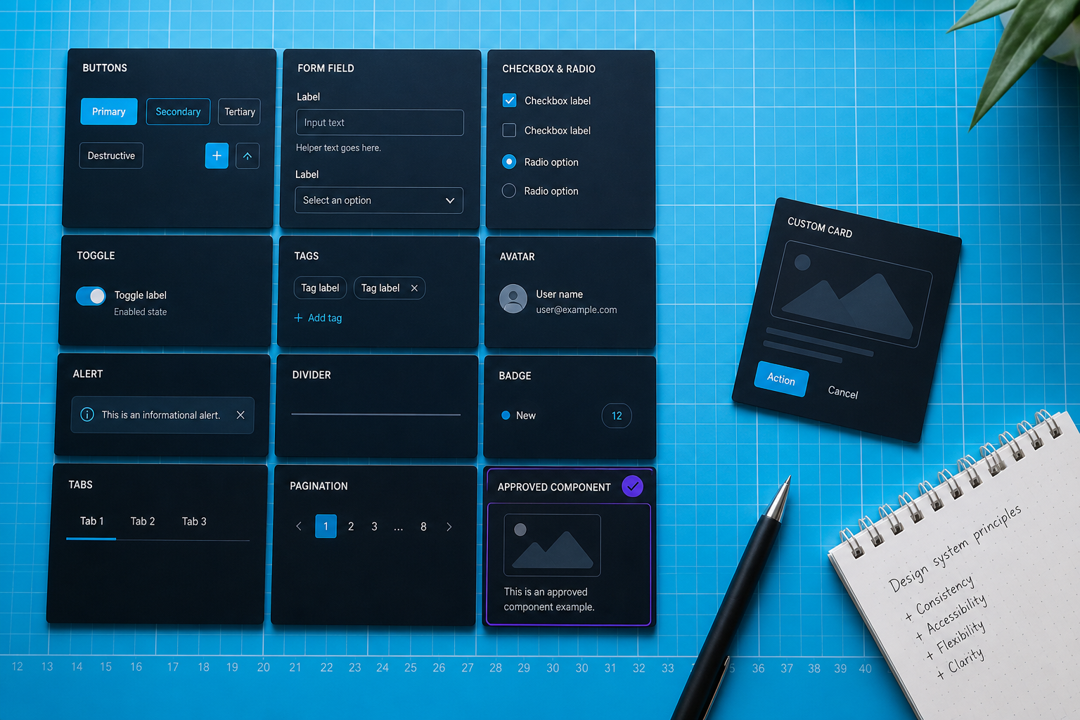 Overhead navy desk: aligned modular UI tiles on a cyan grid beside one crooked off-grid tile, suggesting governed design systems versus unstructured page building.
