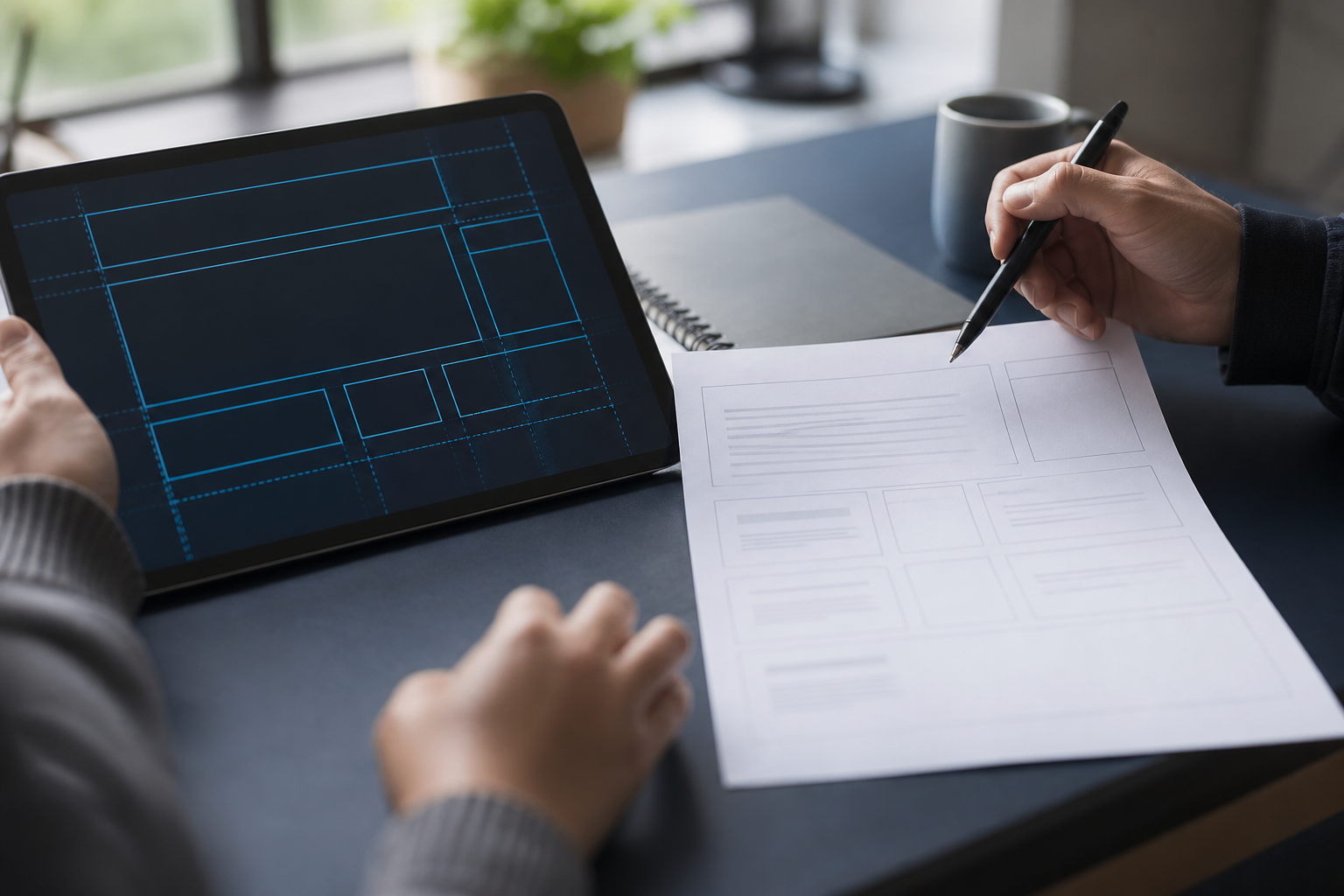 Tablet showing unlabeled layout slots with cyan guides beside a blank printed prop sheet, suggesting governed visual editing for marketers and developers.