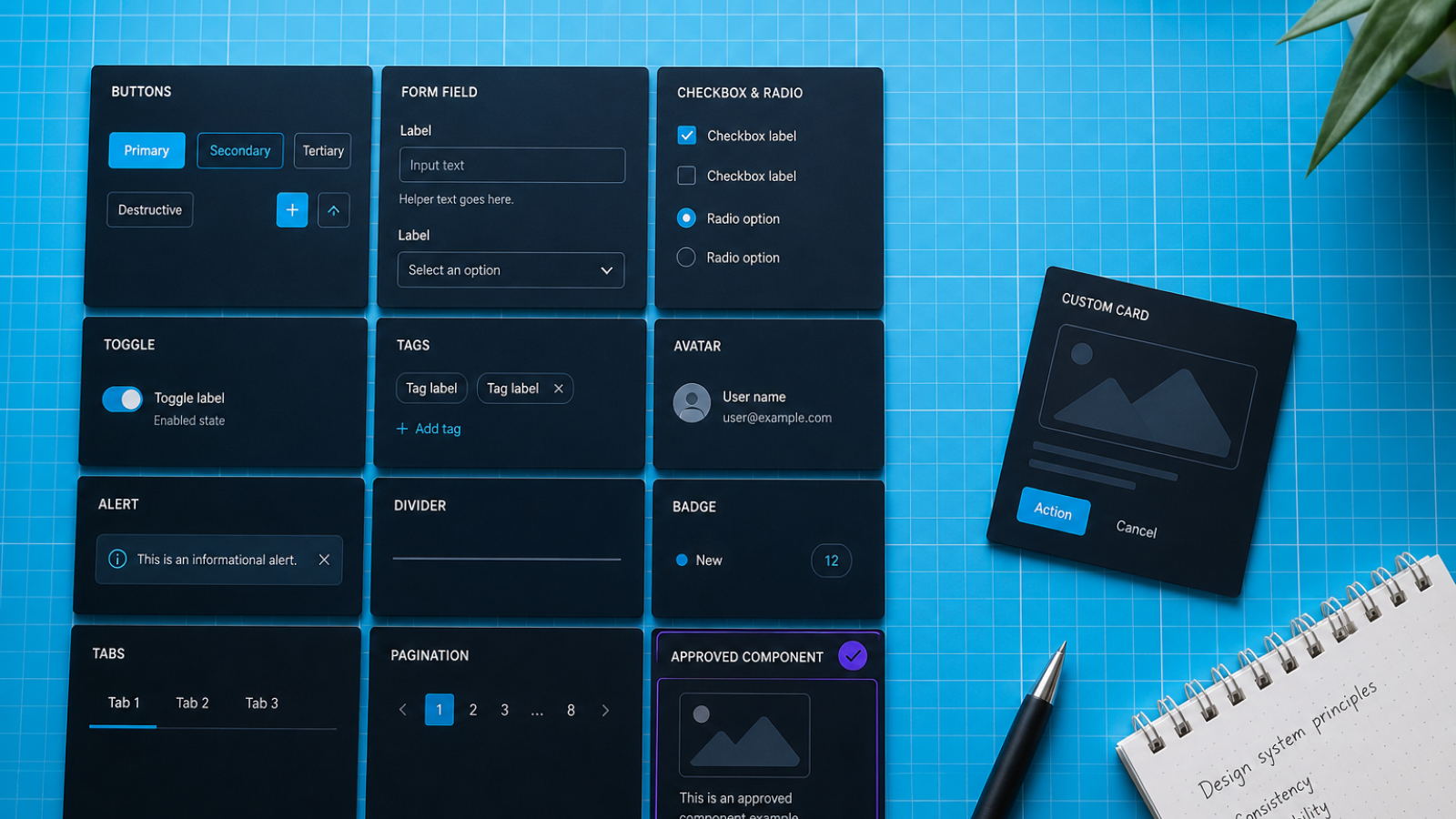 Overhead navy desk: aligned modular UI tiles on a cyan grid beside one crooked off-grid tile, suggesting governed design systems versus unstructured page building.