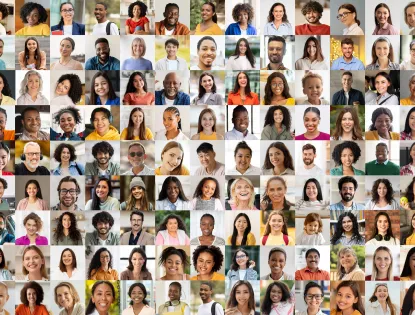 Collage of diverse multiethnic people faces smiling